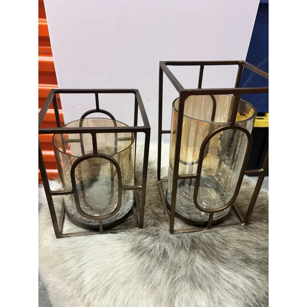 Set of 2 Gold  Metal Frame Lanterns with Glass Cube Candle Holders - Modern